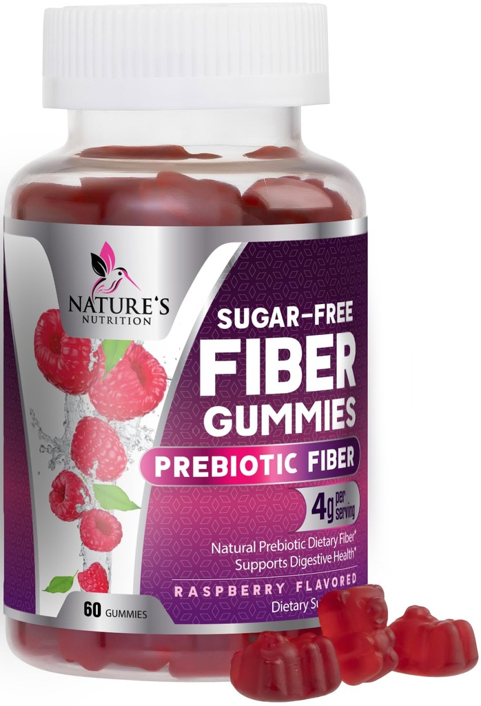 Prebiotic Fiber Gummies 4g - Sugar Free Gummy Fiber Supplement for Voksens fordøjelsesmæssige sundhed & regularitet support - Natural Raspberry Flavor, Plant Based Blend, Non- GMO & Gluten Free - 60 Gummies