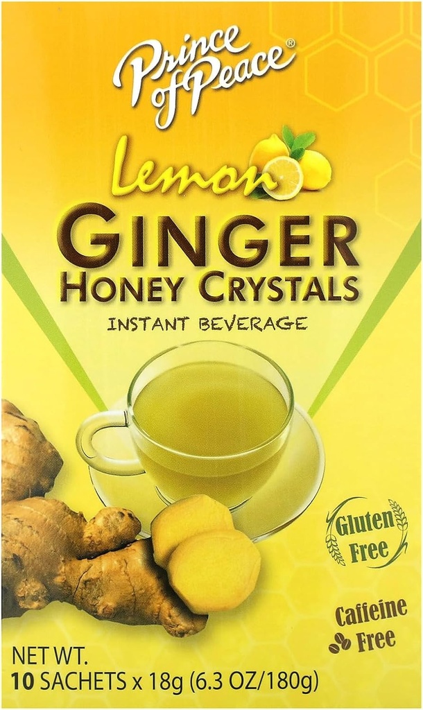 Prince of Peace Instant Natural Lemon Ingefær Honning krystaller, 10 Sachets - Instant Hot eller Cold Beverage for Kvalme Relief og lindrer Halsen - Let at brygge Ginger og Honning krystaller