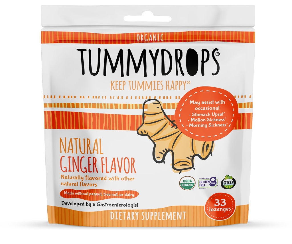 USDA Organic Natural Ginger Tummydrops, Gluten Free & Vegan, 33 Individuelt indpakket Drops i en resealable taske