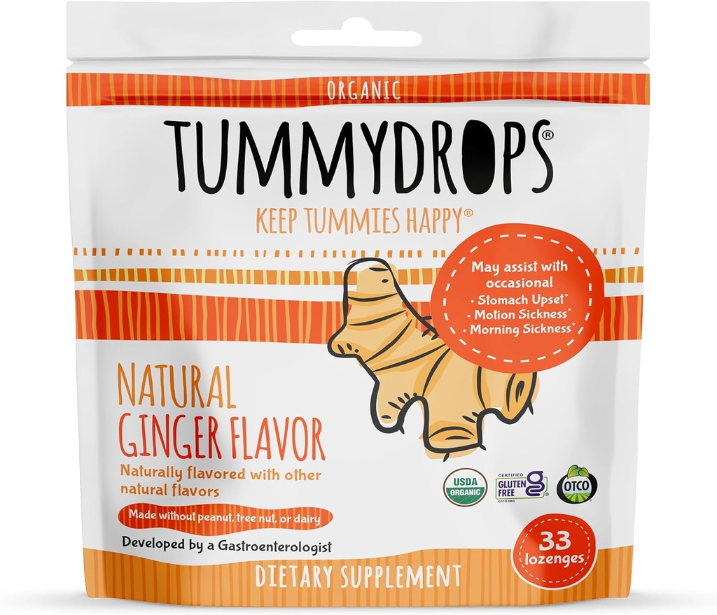 USDA Organic Natural Ginger Tummydrops, Gluten Free & Vegan, 33 Individuelt indpakket Drops i en resealable taske