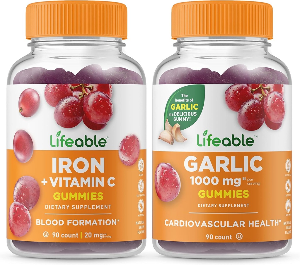 Levende jern med C-vitamin + hvidløg 1000mg, Gummies Bundle - Great Tasting, Vitamin tillæg, Gluten fri, GMO fri, Chewable Gummy