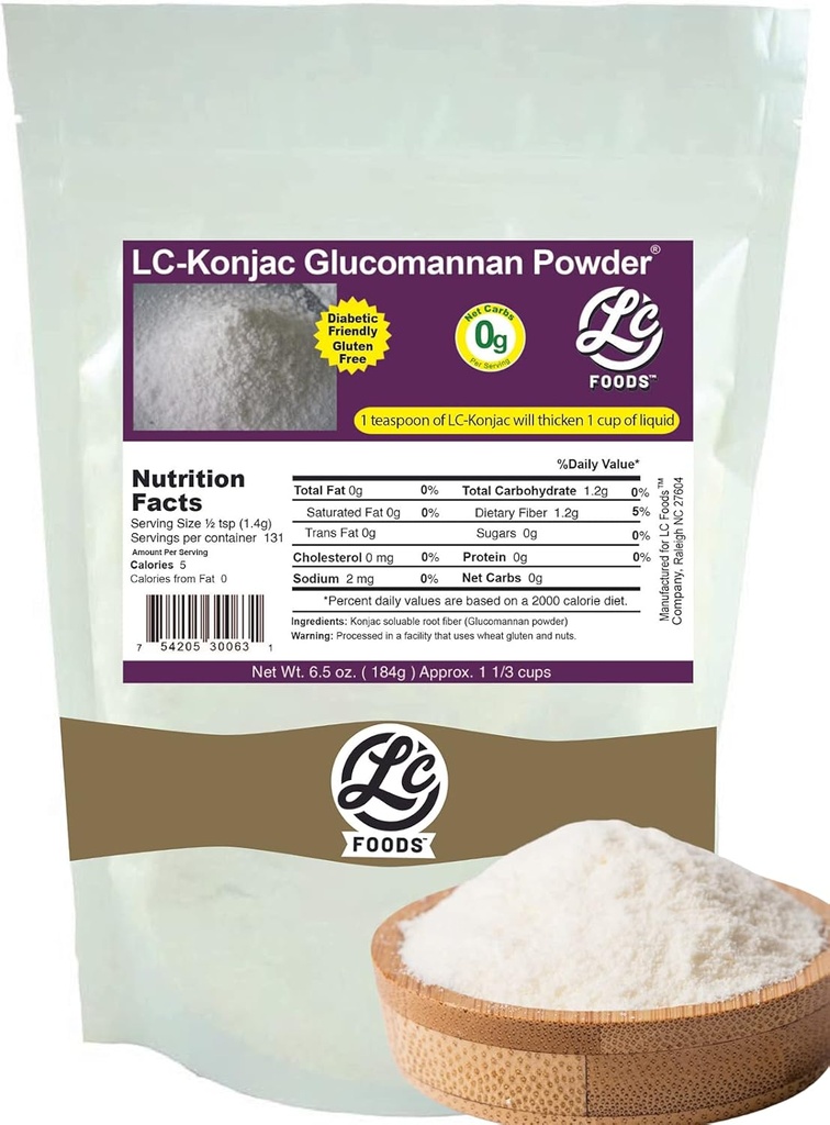 Lave Carb fødevarer Konjac Glucomannan Pulver • 124; Non- GMO • 124; 100% All- Natural Ingredients • 124; Gluten Free • 124; Diabetic Friendly • 124; Kunstig sødestof • 124; Metabolisme & Vægt Management • 124; 6,5 oz