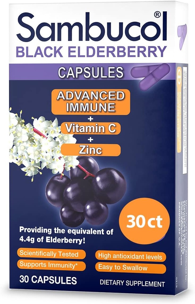 Sambucol Black Elderberry Kapsler - Avanceret immunforsvar, C-vitamin og zink, Elderberry Kapsler, immunsupport, Black Elderberry Kosttilskud, Gluten Free, Let at synke Kapsler - 30 Greve