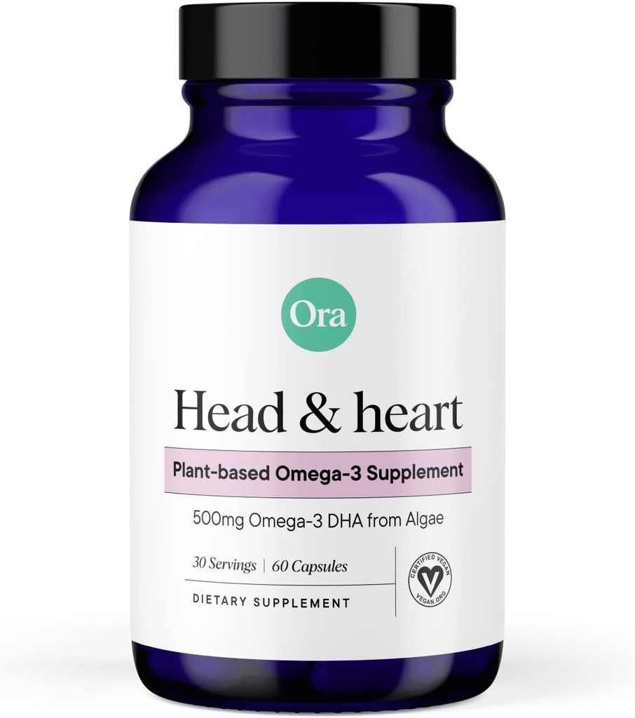 Ora Organic Vegan Omega 3 Supplement - 500mg DHA til hjerne, øje og hjerte sundhed - fremstillet af bæredygtige alger - 60 kapsler