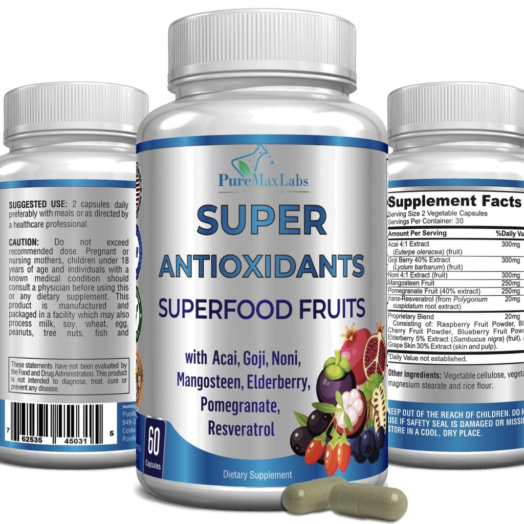 Super Antioxidant Fruit Superfood Complex - Kraftfuld Antioxidant Superfrugt, Acai, Goji, Noni, Mangosteen, Pomegranat, Elderberry, Resveratrol, immunforsvar, hudpleje - 60 kapsler