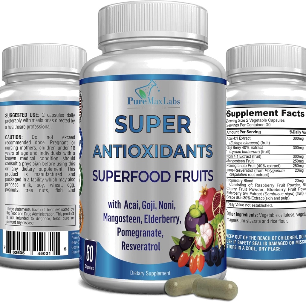 Super Antioxidant Fruit Superfood Complex - Kraftfuld Antioxidant Superfrugt, Acai, Goji, Noni, Mangosteen, Pomegranat, Elderberry, Resveratrol, immunforsvar, hudpleje - 60 kapsler