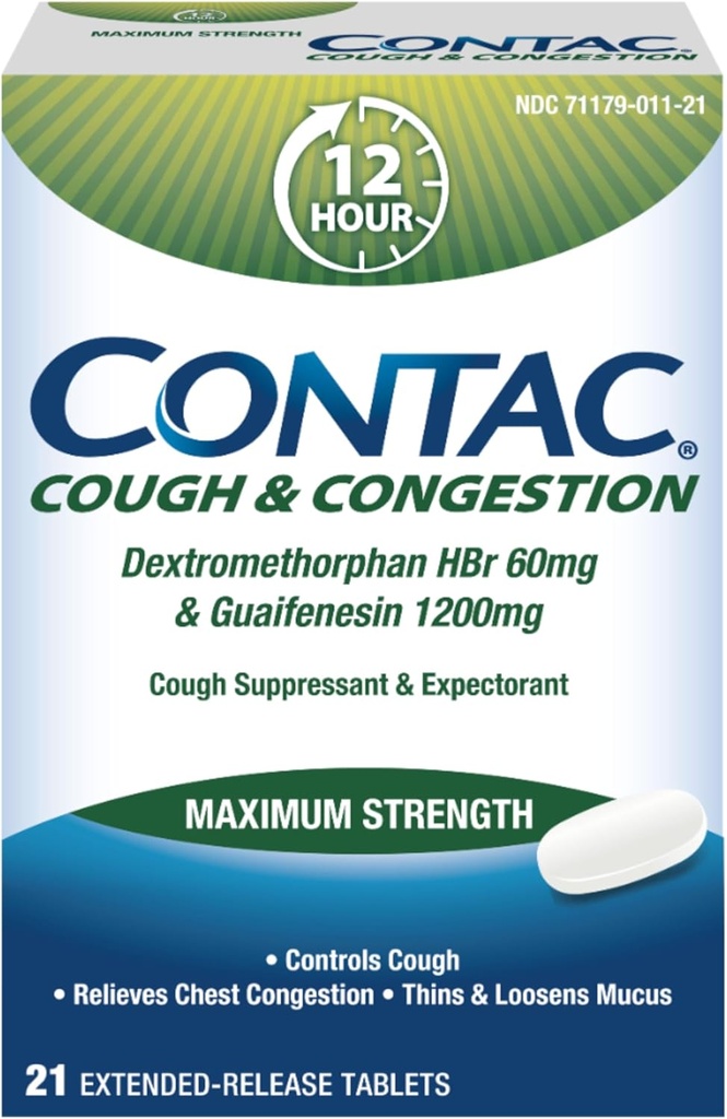 Contac Cough & Congestion Maximum Strength Controls Cough, Thins and Loosens Mucus, Guaifenesin & Dextromethorphan HBr, Extended Release Tablets, 21 Count