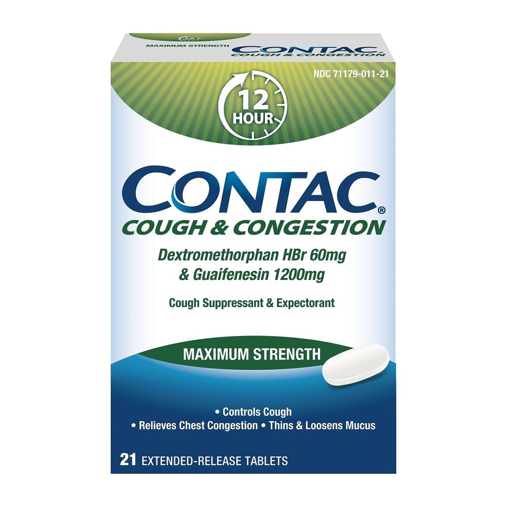 Contac Host & Congestion Maksimal styrke Kontrol Hoste, Tynder og Loosens Mucus, Guaifenesin & Dextromethorphan HBr, Extended Release Tablets, 21 Greve