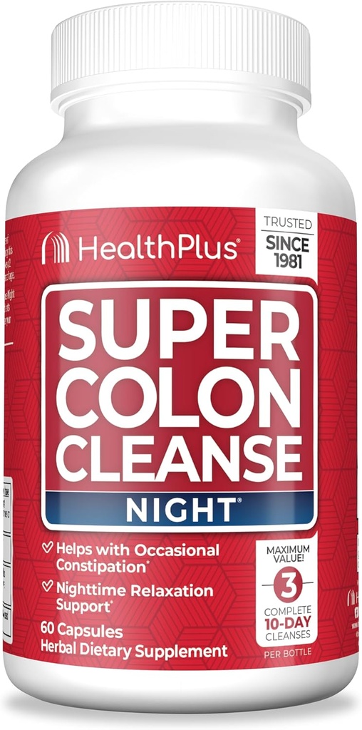 Sundhed Plus Super Colon Cleanse Night Formelle fordøjelse Support 124; Forstoppelse Relief til at reducere Bloating med Probiotika og Valerian Root til søvn 124; Mere end 1 Rengøring, 60 Kapsler