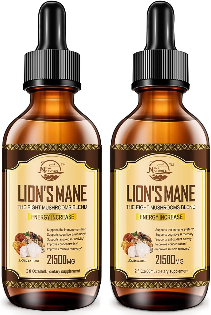 Nature 's live Lions Mane Supplement, Flydende Mushroom Extract Drops, 8 Mushrooms Complex til immunsystem, Hukommelse, Focus Boost, Mushroom Supplement med Lions Mane, Cordyceps, Reishi, Vegan, 2 Pack