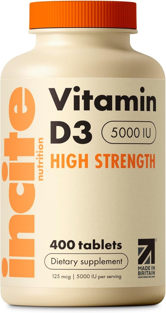 Incit Nutrition Vitamin D 5000 iu - 400 Premium D3 Easy- Swallow Micro Tablets - High Strength Cholecalciferol VIT D3 5000iu - Vegetar Supplement - Made in The UK