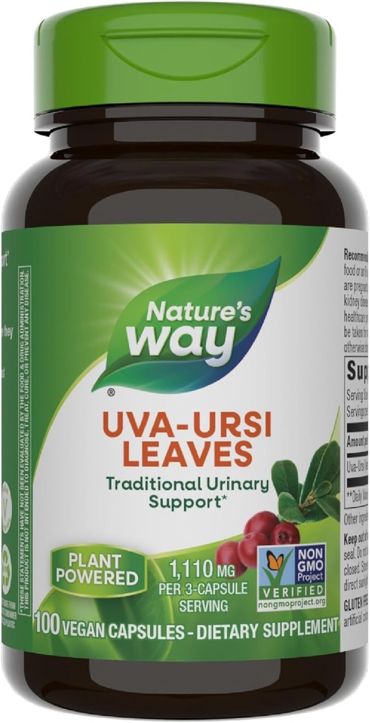 Nature 's Way Uva Ursi blade, Traditional Urinary Support *, 1,110 mg pr 3-Capsule Serving, Non- GMO projekt Verified, Herbal Kosttilskud, Gluten Free, 100 Vegan Kapsler (Packaging May Vary)