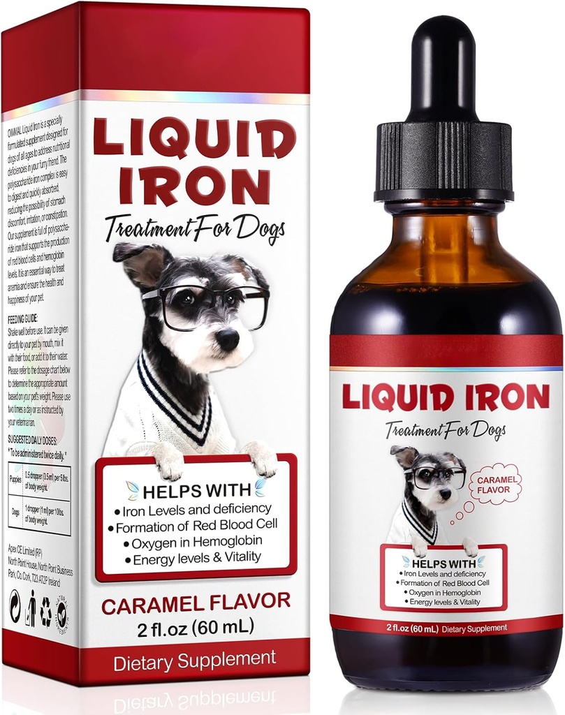 Flydende jerndråber til hunde, flydende jerntilskud til hunde støtter anæmi, fremmer blodsundhed, Forbedre lave eneriniveauer og letargi - Pet Supplies Hund Vitaminer - 60 ml / Caramel Flavor
