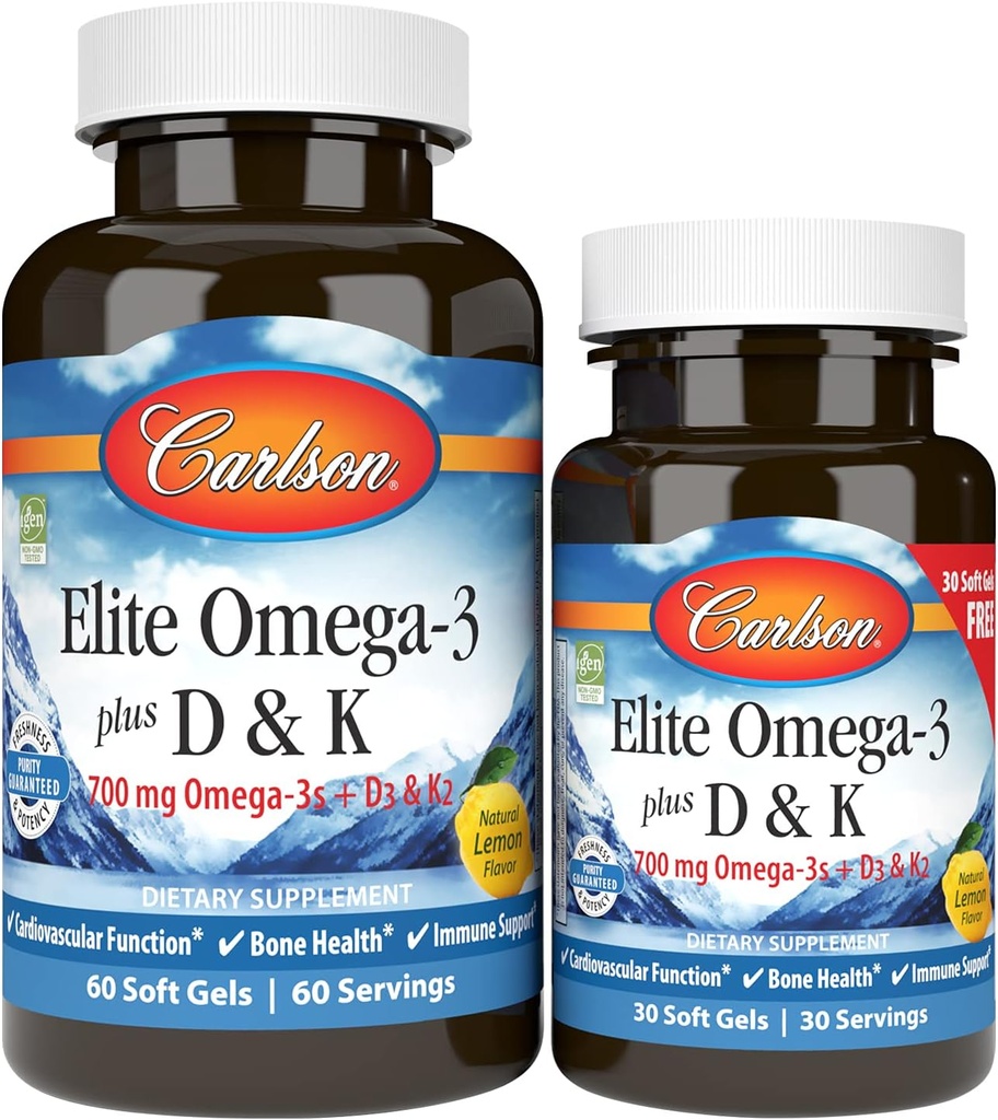 Carlson - Elite Omega-3 Plus D & K, 700 mg Omega- 3s + D3 & K2, Funktion, Bone Health & immunsupport, Lemon, 60 + 30 Softgel