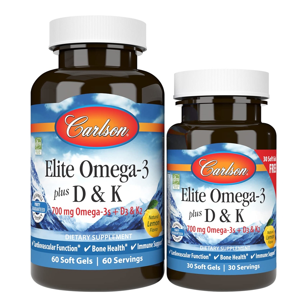 Carlson - Elite Omega-3 Plus D & K, 700 mg Omega- 3s + D3 & K2, Funktion, Bone Health & immunsupport, Lemon, 60 + 30 Softgel