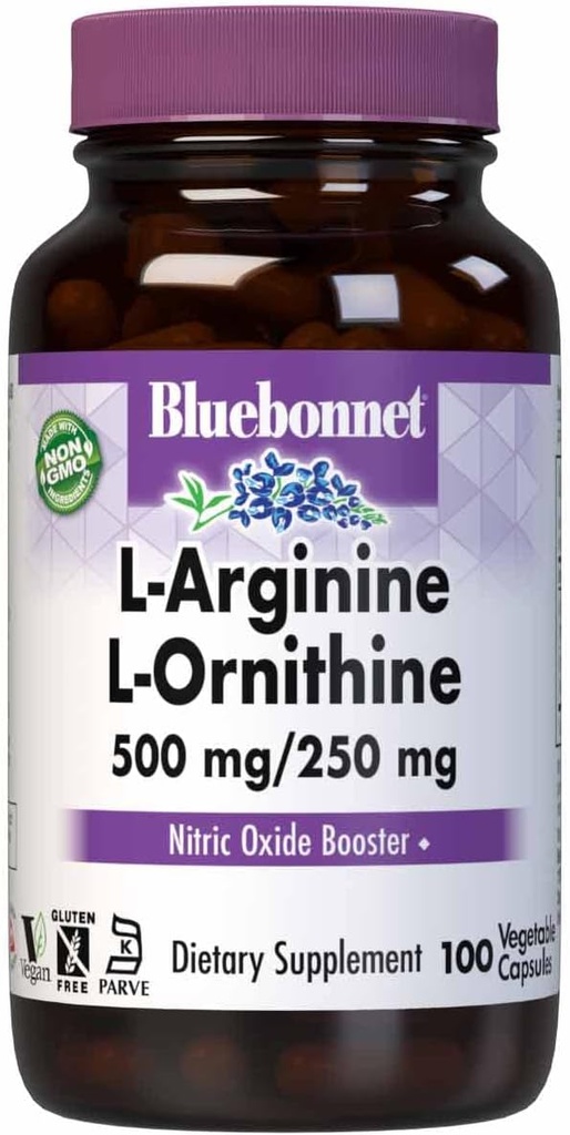 Bluebonnet Nutrition L- Arginin 500mg / L- Orinithin 250 mg, Understøtter Protein Metabolisme *, Soy- fri, Gluten- fri, Non- GMO, Kosher Certificeret, Vegan, 100 Vegetabilske kapsler