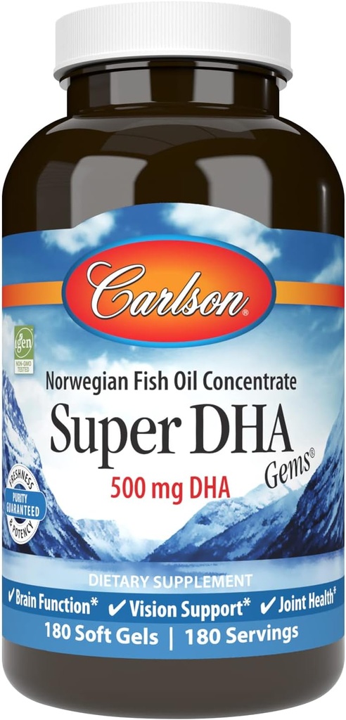 Carlson - Super DHA perler, 500 mg DHA kosttilskud, 640 mg fedtsyrer, Wild- Fanget Norwegian Arctic Omega 3 Fish Oil Supplement, Sustainable Sourced Fish Oil Capsules, 180 Softgels