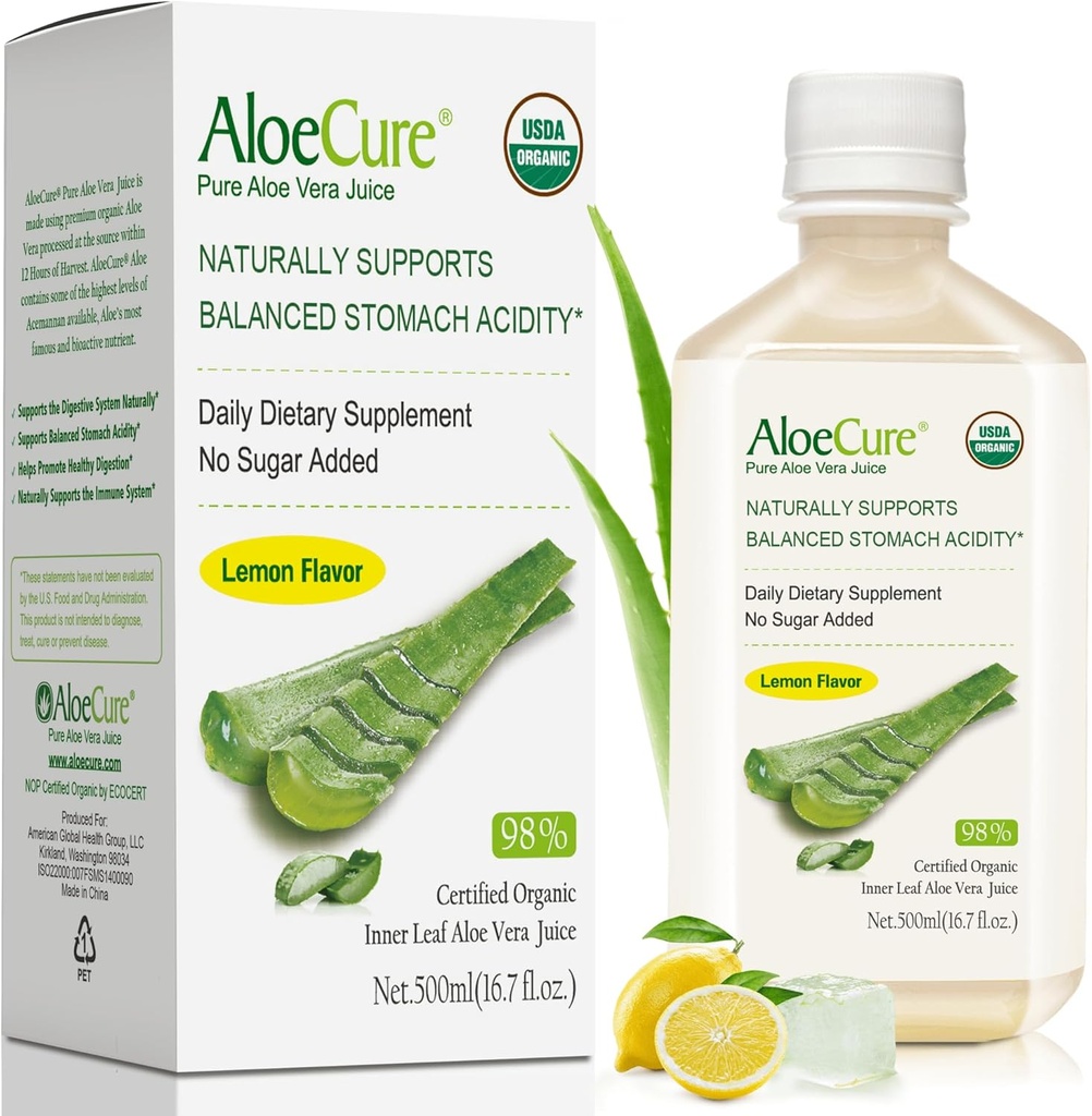 AloeCure USDA Organic Aloe Vera Juice Lemon Flavor - Made within 12 Timer of Høst - Natural fordøjelsestillæg for Balanceret Mavesyre - Støtte fordøjelsessygdomme og immunforsvar - 1 BTL x 16.7oz