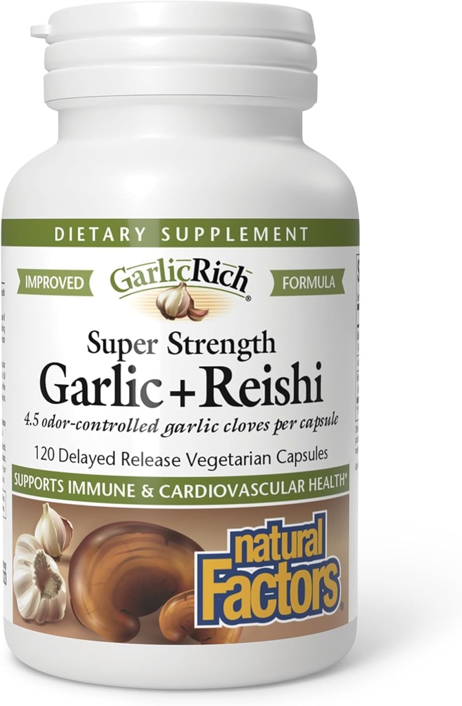 Naturlige faktorer GarlicRich, Super Strength Hvidløg + Reishi, 120 Forsinket udgivelse Vegetariske kapsler