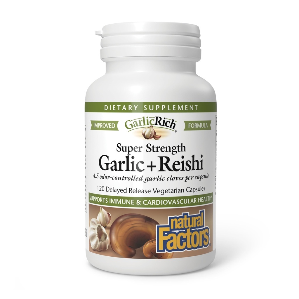 Naturlige faktorer GarlicRich, Super Strength Hvidløg + Reishi, 120 Forsinket udgivelse Vegetariske kapsler