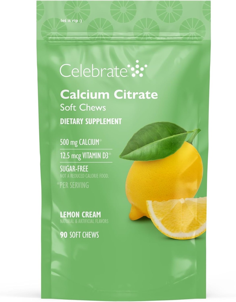 Celebrate Vitaminer Bariatric 500 mg Calcium Citrate Soft Chews med 500 IE D3 Vitamin - Essential for Gastric Bypass Patienter & Knoglehelbred - Sugar & Gluten Free, Lemon (90 Chews)