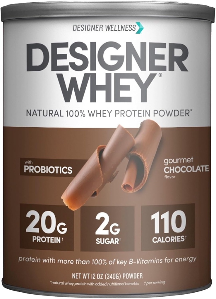Designer Wellness, Designer Whey, Natural Whey Protein Powder med Probiotika, Fiber, og Key B- Vitaminer til energi, Gluten- fri, Gourmet Chokolade, 12oz