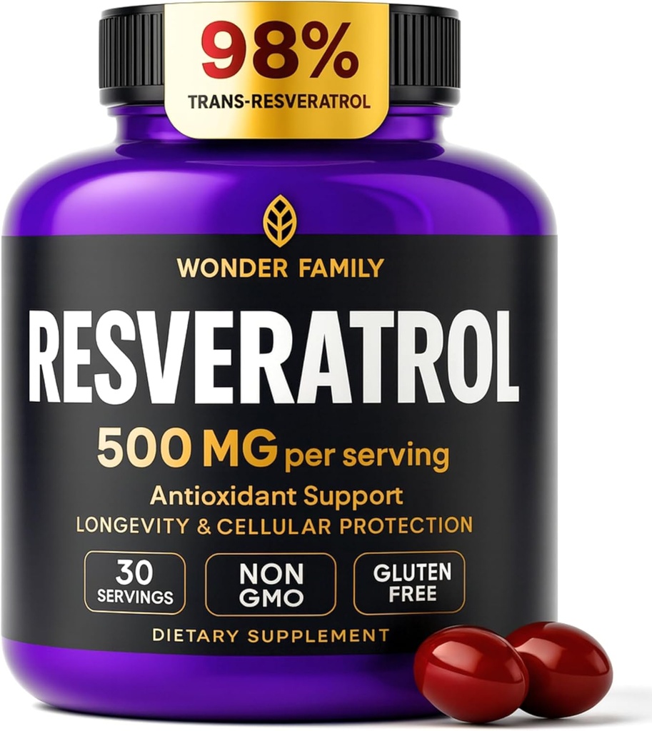 Resveratrol Supplement 500mg - 98% Trans Resveratrol 1000mg Organic Complex - NAD Resveratrol Antioxidanter & Anti Aging Supplement for hjertesundhed, Hukommelse Lift, Wellness Formel, sund cellestøtte
