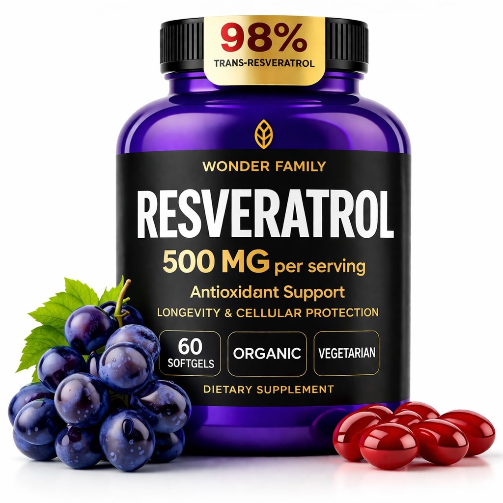 Resveratrol Supplement 500mg - 98% Trans Resveratrol 1000mg Organic Complex - NAD Resveratrol Antioxidanter & Anti Aging Supplement for hjertesundhed, Hukommelse Lift, Wellness Formel, sund cellestøtte