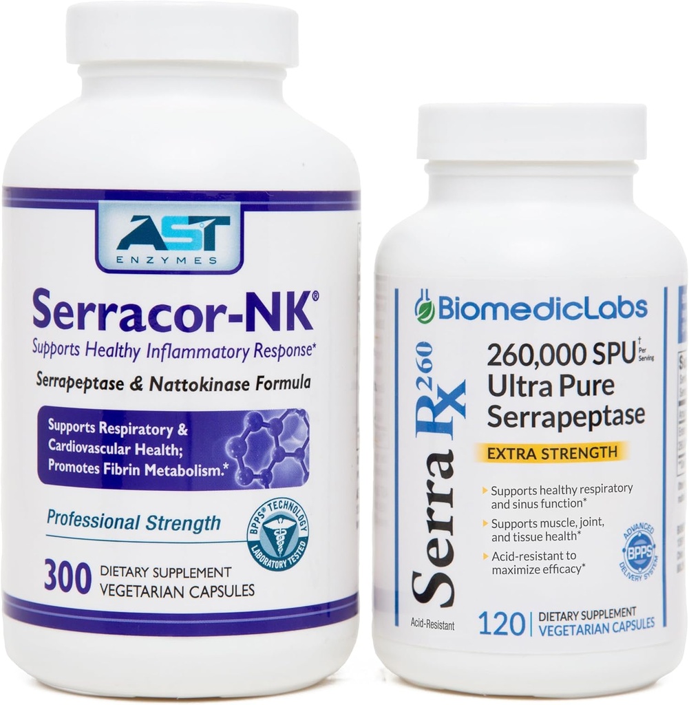 Serracor- NK (300) & Serra- RX 260.000 SU (120) - Scar Tissue Bundle - Acid- resistent Serrapeptase Proteolytisk systemisk enzym