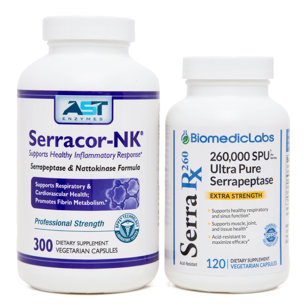 Serracor- NK (300) & Serra- RX 260.000 SU (120) - Scar Tissue Bundle - Acid- resistent Serrapeptase Proteolytisk systemisk enzym