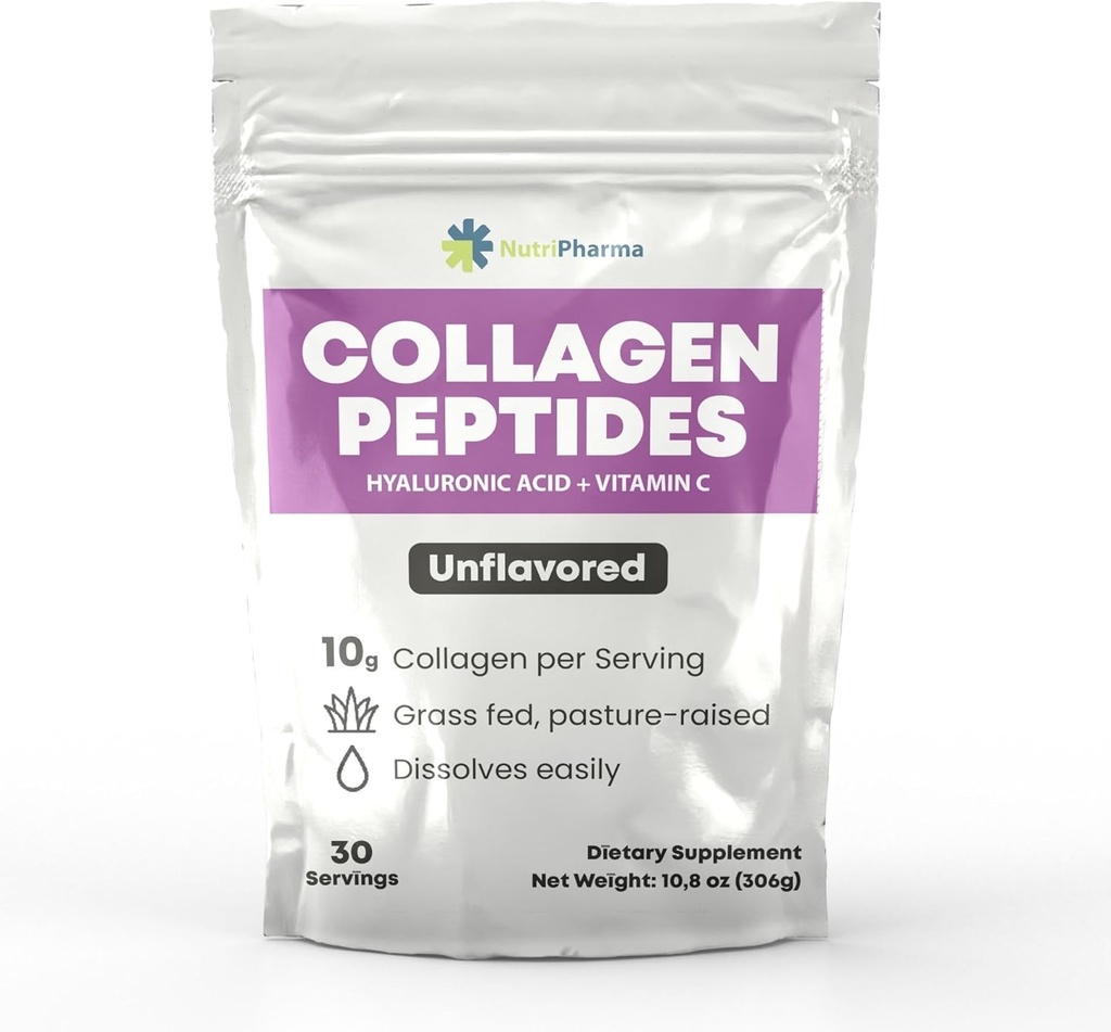 Collagen peptider pulver med hyaluronsyre og C-vitamin, fremmer hår, negl, hud, ben og fælles sundhed, Unflavored Collagen protein pulver, 30 Servere, 10,8 oz