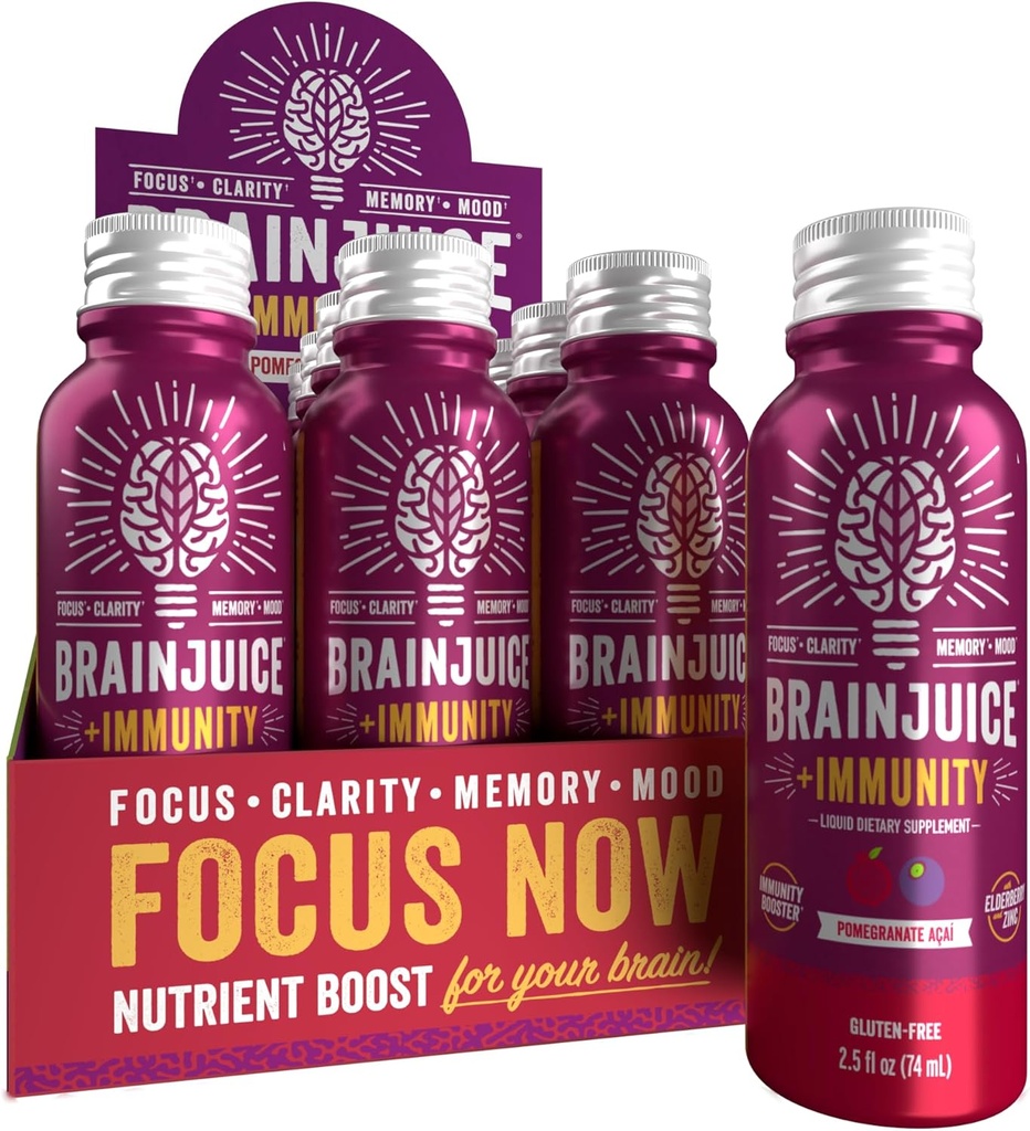 BrainJuice Brain og immunforsvar Shot, Gluten Free Supplement Shots for Energy, Fokus, Immunitet med D-vitamin, C B, Alpha GPC & Organic Ginger Root, Pomegranat Acai, 2,5 fl oz, 12 Pack