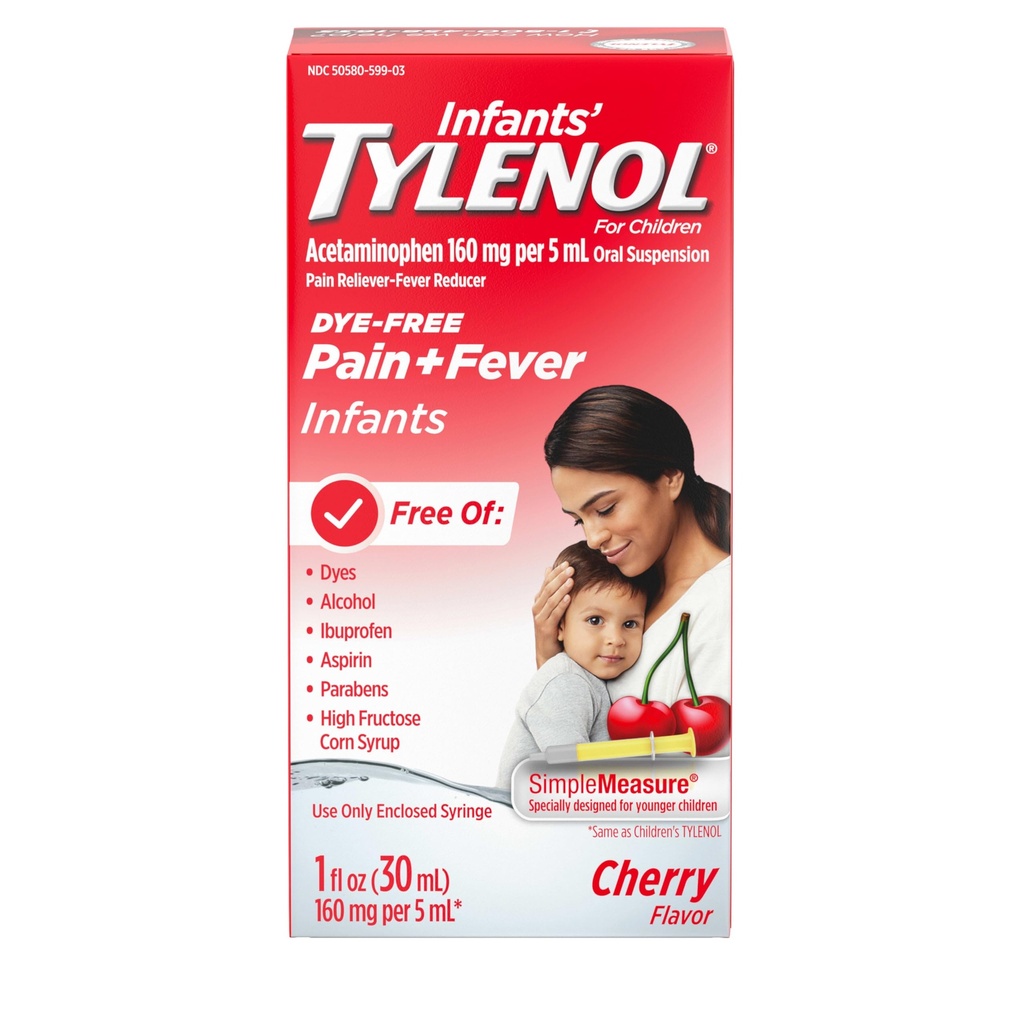 Spædbørn Tylenol Oral Suspension Liquid Medicine med Acetaminophen, Baby Fever Reducer & Pain Reliever for Mindre Aches & Pains, Sore Throat, Hovedpine & Teething Smerte, Farveløs - fri Cherry, 1 fl. oz