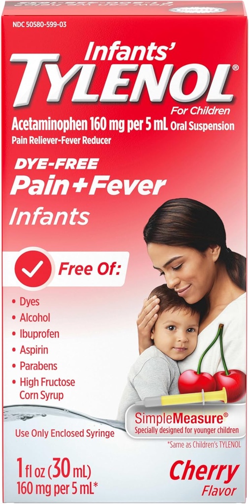 Spædbørn Tylenol Oral Suspension Liquid Medicine med Acetaminophen, Baby Fever Reducer & Pain Reliever for Mindre Aches & Pains, Sore Throat, Hovedpine & Teething Smerte, Farveløs - fri Cherry, 1 fl. oz