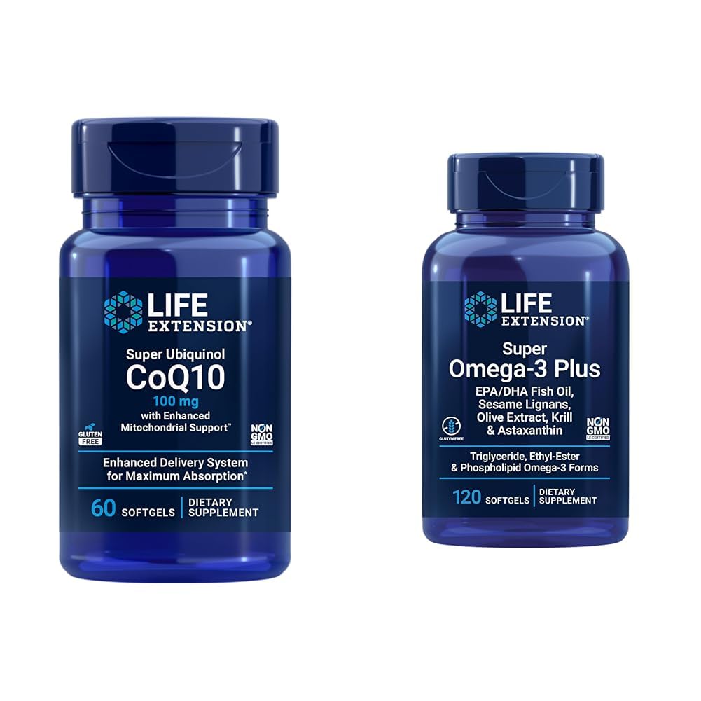 Life Extension Super Ubiquinol CoQ10 med forbedret Mitokondriel Support & Super Omega-3 Plus EPA / DHA Fish Oil, Sesame Lignans, Olive Extract, Krill & Asta