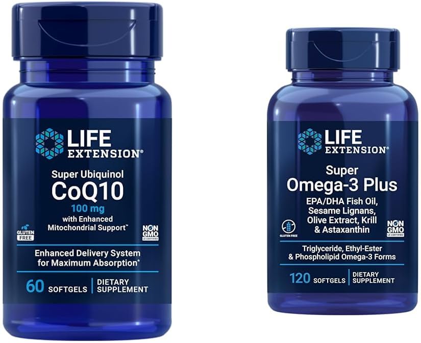 Life Extension Super Ubiquinol CoQ10 med forbedret Mitokondriel Support & Super Omega-3 Plus EPA / DHA Fish Oil, Sesame Lignans, Olive Extract, Krill & Asta