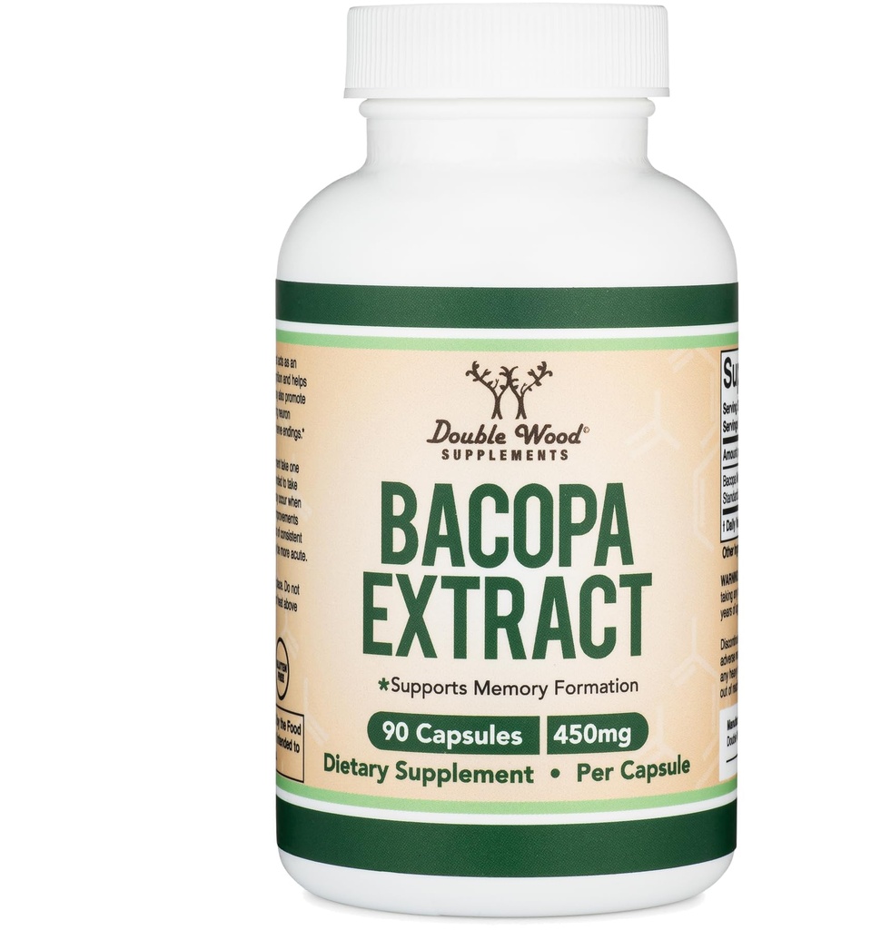 Bacopa Monnieri Capsules 20% Bacosider 450mg, 90 Greve (Non-GMO, Gluten Free) Brahmi Extract (hukommelse supplement til hjerne sundhed, fokus og kognitiv funktion) af Double Wood
