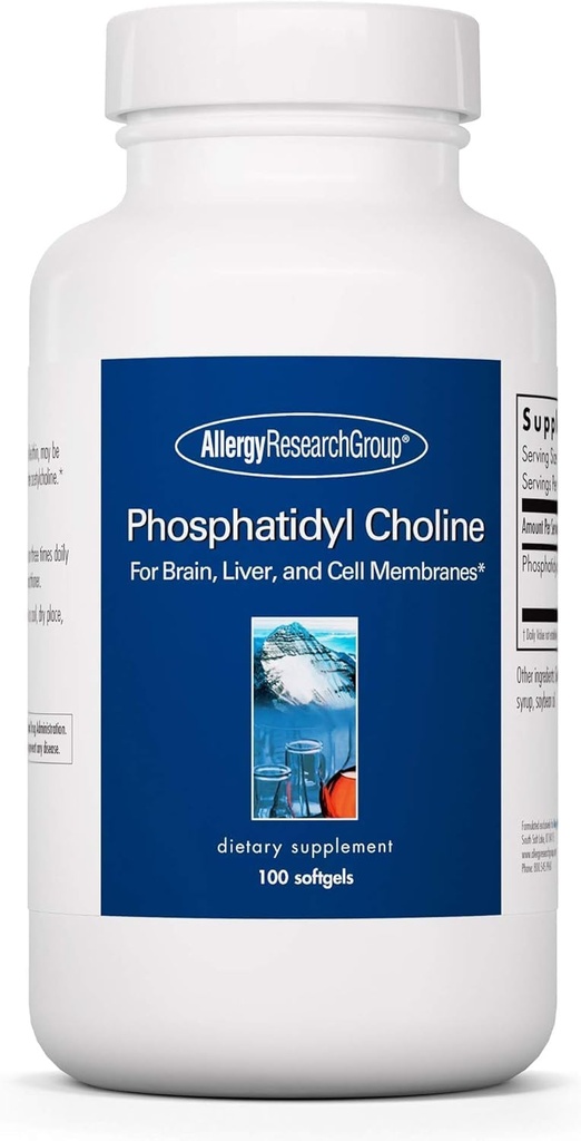 Allergy Research Group Phosphadityl Cholin - Phosphaditylcholine Kosttilskud til hjerne og lever sundhed, Soy Lecithin Extract til fokus og hukommelse, 385mg Per Capsule - 100 Softgels