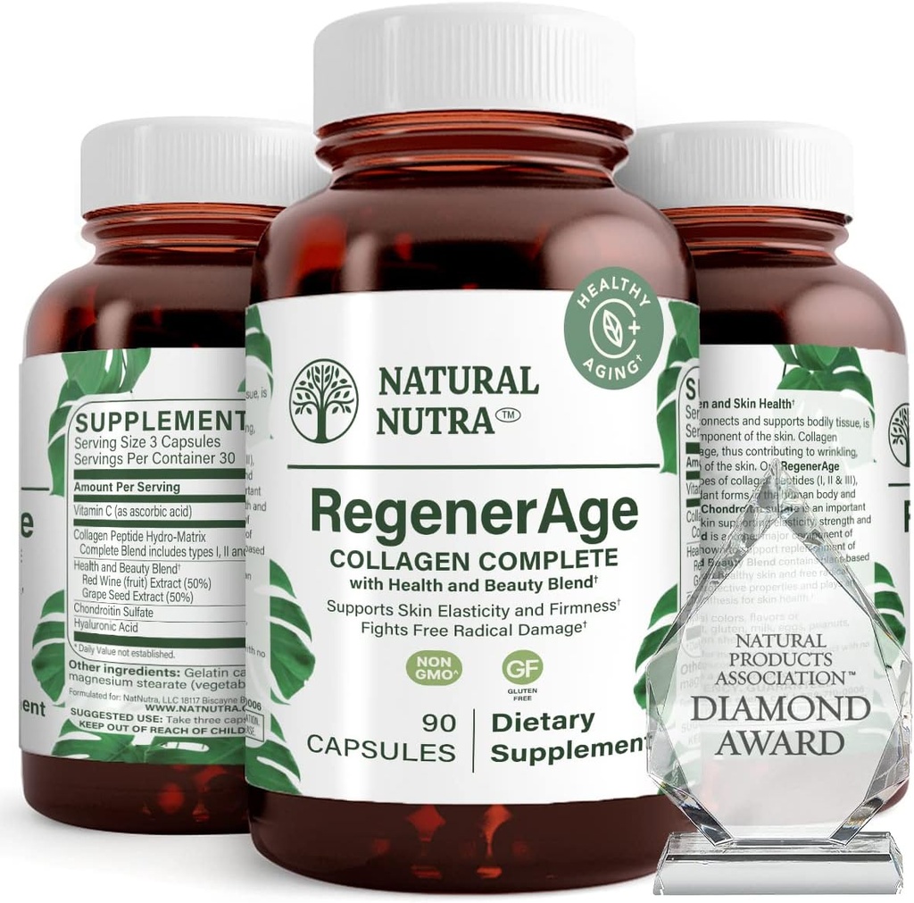 Naturlige Nutra RegenerAge Komplet tillæg for hudsundhed med Protein Peptider, Reducere Stretch Marks, Bidrager samlet sundhed, C-vitamin, Grape Seed Red Wine Extract, Gluten Free, 90 Kapsler.