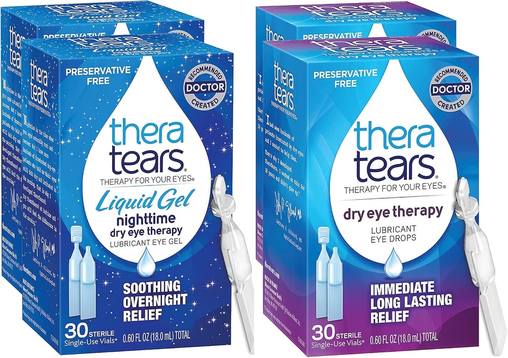 TheraTears Nighttime Therapyterapi Smøremiddel Øjendråber til tørre øjne, Konserveringsfri, Single- use hætteglas, Clear, 60 Greve, 0,6 Fl Oz med TheraTears øjendråber til tørre øjne, 60 Greve Single- use hætteglas