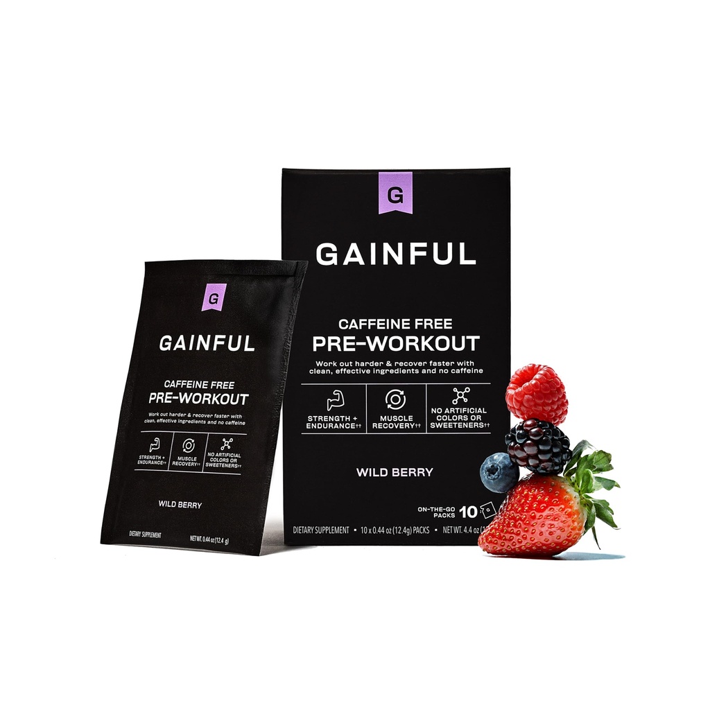 Gainful Pre Workout Pulver med Creatin, Koffein Free Clean Energy, L Citrullin og Beta Alanine for Endurance, BCAA Blend for Muscle Recovery, Vegan, Ikke GMO, Wild Berry, 10 Serveringer