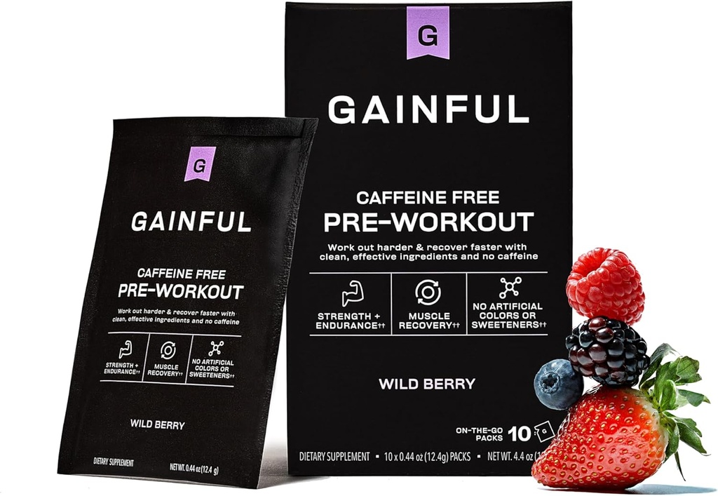 Gainful Pre Workout Pulver med Creatin, Koffein Free Clean Energy, L Citrullin og Beta Alanine for Endurance, BCAA Blend for Muscle Recovery, Vegan, Ikke GMO, Wild Berry, 10 Serveringer