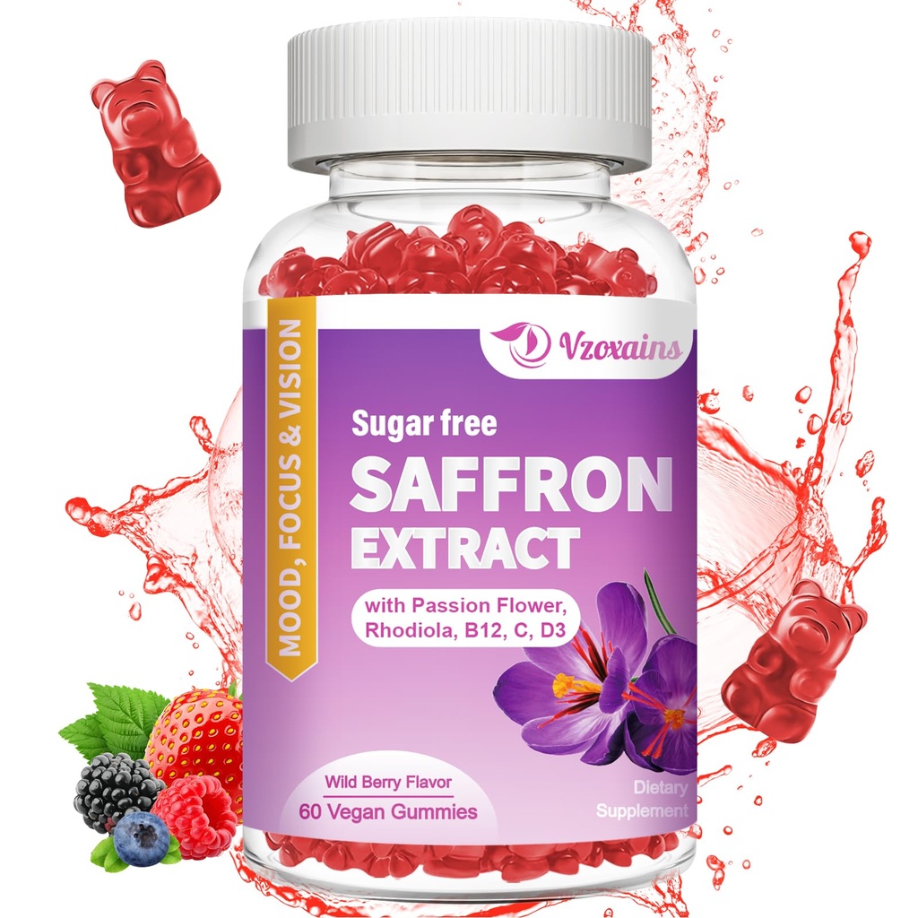 Saffron Gummies, 10 i 1 Saffron Supplements Gummies med Magnesium, Ashwagandha & Rhodiola Rosea, Sukker Free Vegansk blandet Berry Flavor - 60Cts