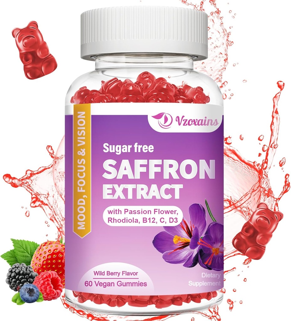 Saffron Gummies, 10 i 1 Saffron Supplements Gummies med Magnesium, Ashwagandha & Rhodiola Rosea, Sukker Free Vegansk blandet Berry Flavor - 60Cts