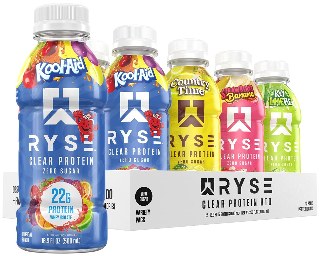 RYSE Clear Protein Drink - Variety Pack - 100 kalorier, 22g Whey Isolate Protein Shake, Sugar- Free, 0g Fat & Lactose- Free - Genopfriskning Ready- to- Drikke - 16,9 fl oz flasker (12 - Pack)