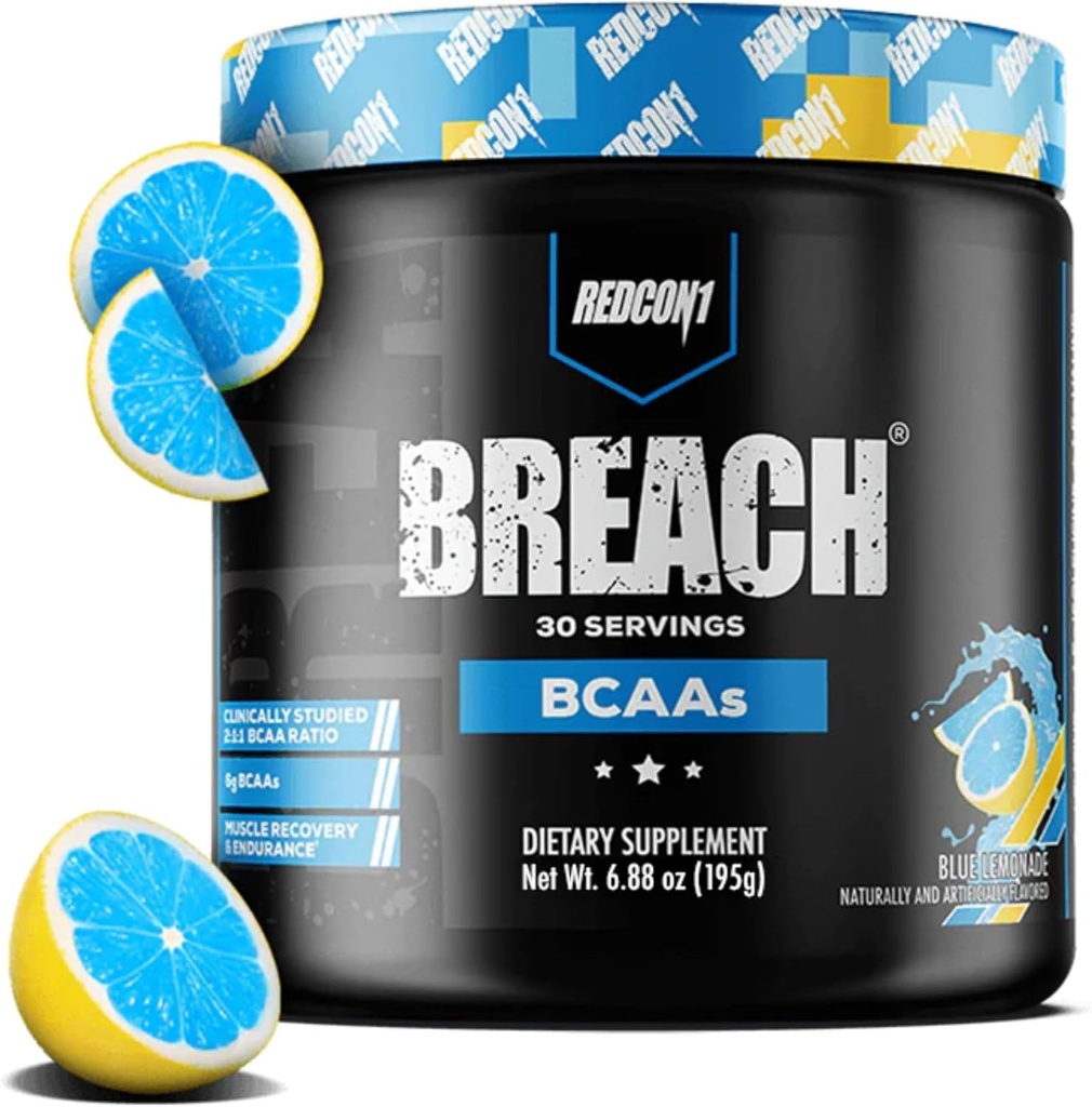 REDCON1 Breach BCAAs, Blue Lemonade - Keto Friendly + Sugar Free Essential Amino Acids for Recovery - Contains BCAAs L-Leucine, L-Isoleucine & L-Valine (30 Servings)