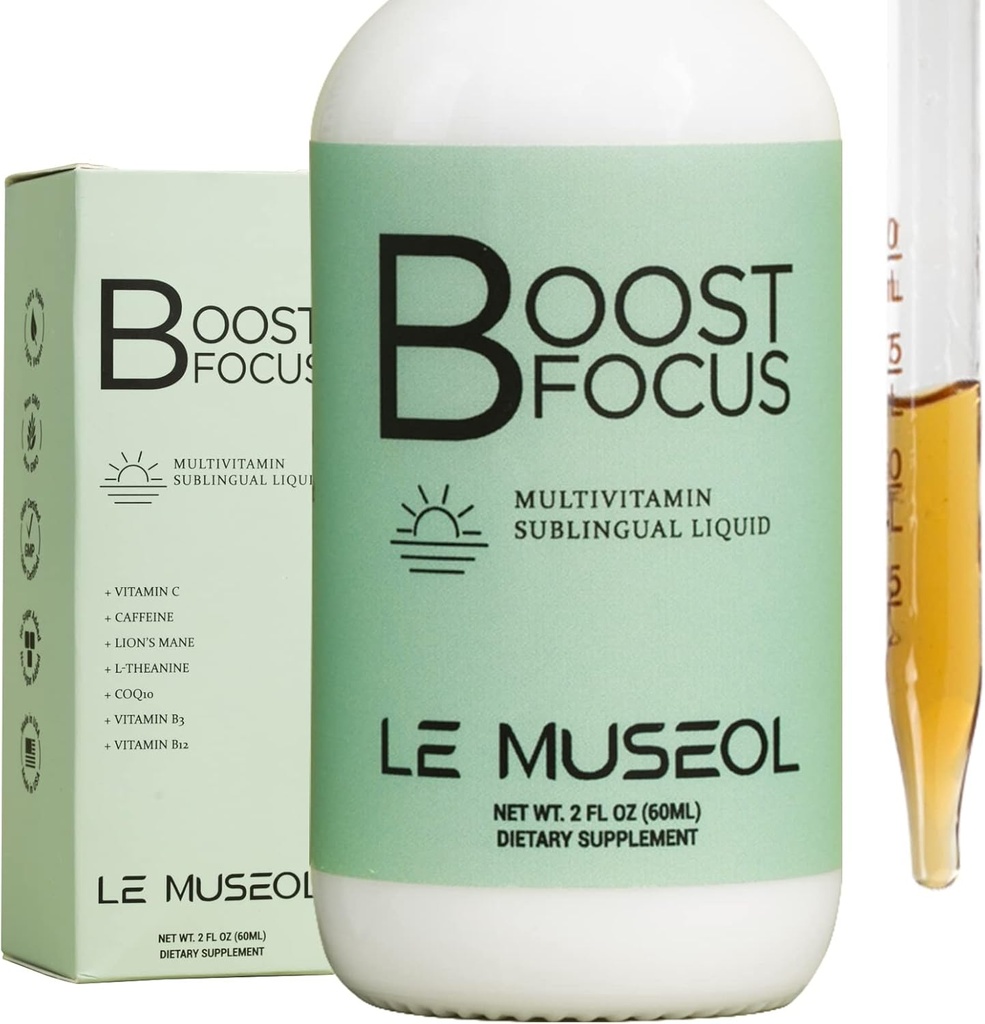 USA- Made Lions Mane Boost Focus Multivitamin Sublingual Liquid: Essential Energy Supplement med vitamin B3, B12, CoQ10, L Theanin og koffein til maksimal fokus