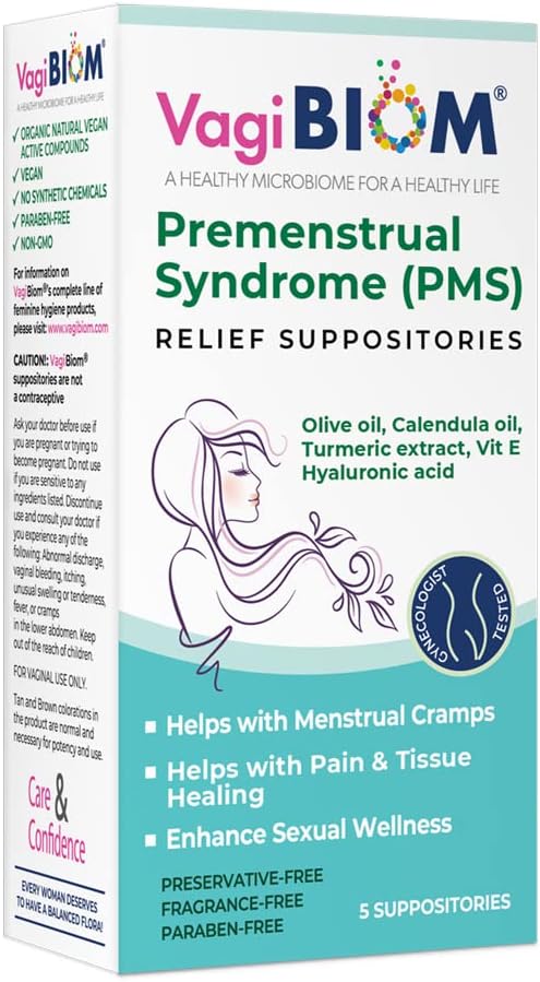 VagiBiom Menstruelle Relief supppositorier (5 supppositorier) med Calendula Oil, Kakaosmør, gurkemeje og VIT E, der hjælper med Periode Cramp, Mood Swings. Tissue Healing. USA Made, Vegan, Hormone- Free