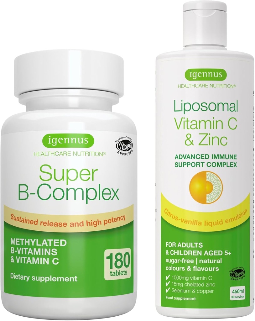 Super B-Complex + Liposomal Vitamin C 1000mg & Zinc Vegan Bundle, Methylated Sustained Release B Complex & High Absorption Liquid Immune Support Complex, by Igennus