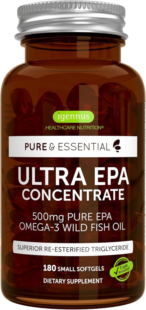 Igennus Ultra Pure Omega-3 EPA 500mg, Højkoncentreret IFOS Certificeret Wild Fish Oil, Advanced rTG triglycerid Form, non-GMO, 180 små bløddele